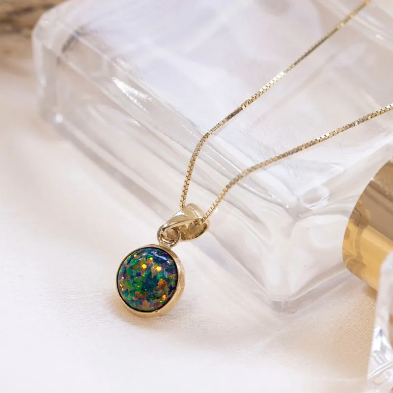 14K Yellow Gold Round Black Opal 8mm Pendant