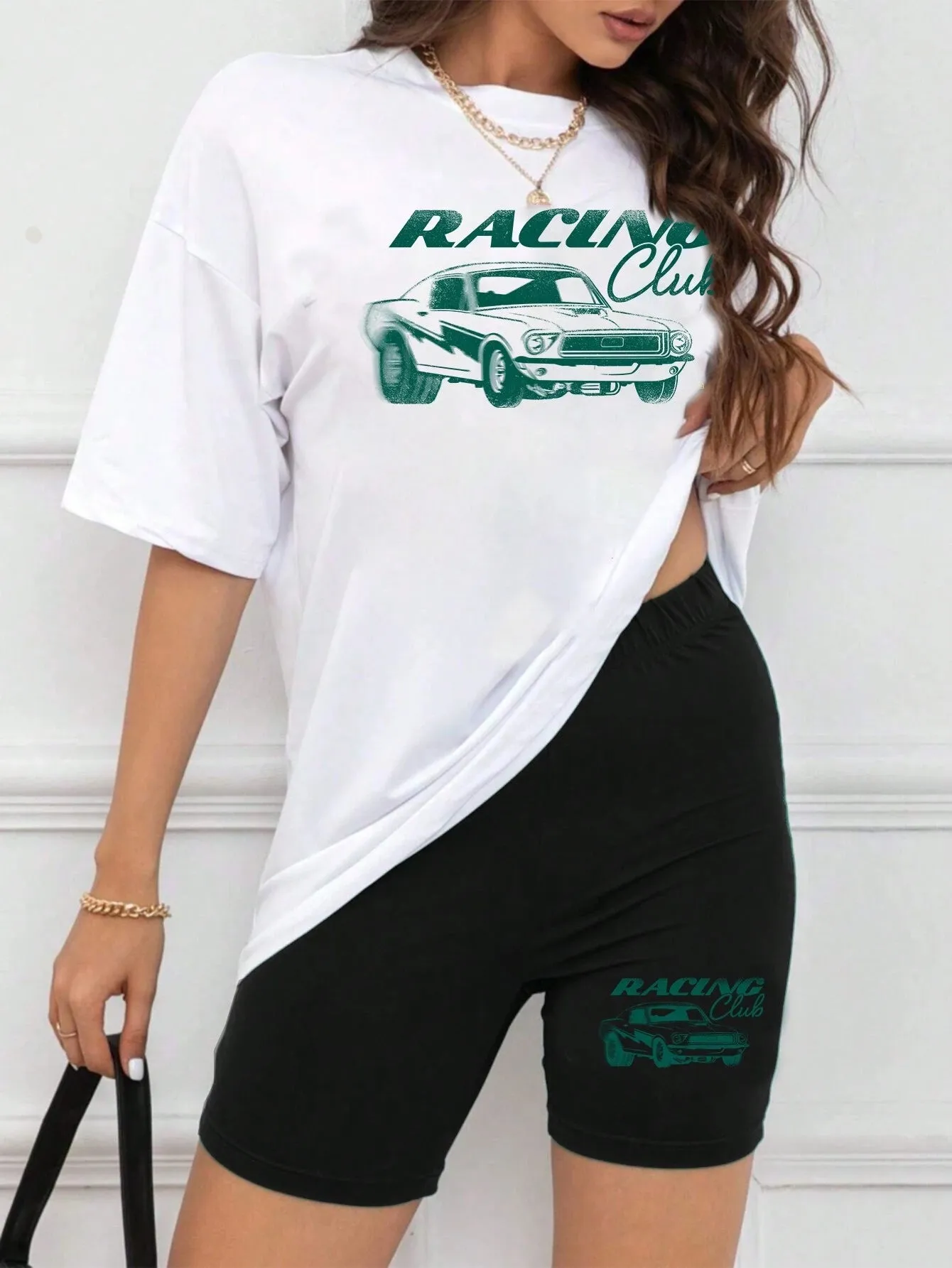 2pcs Car Slogan Print T-Shirt Set