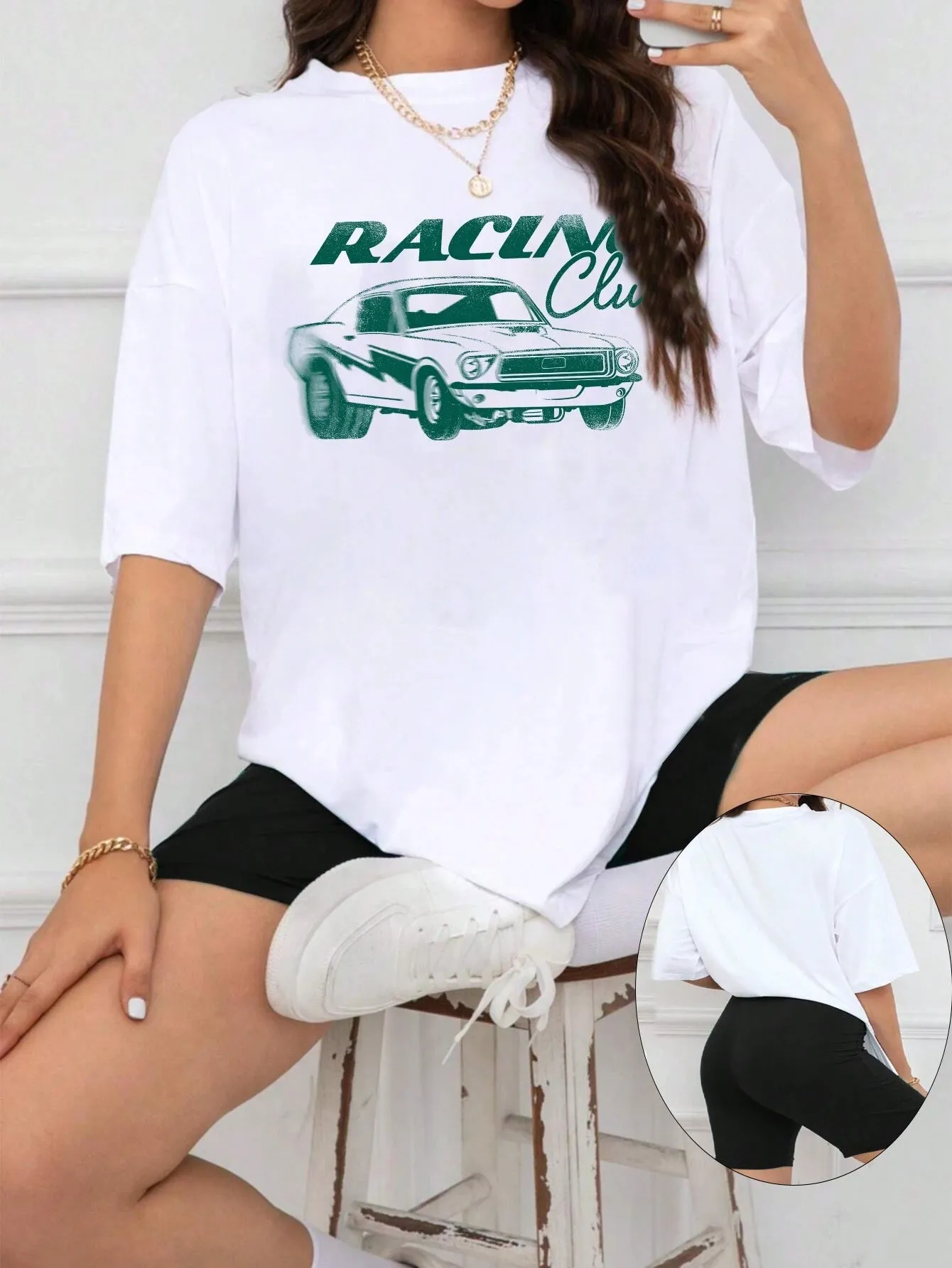 2pcs Car Slogan Print T-Shirt Set