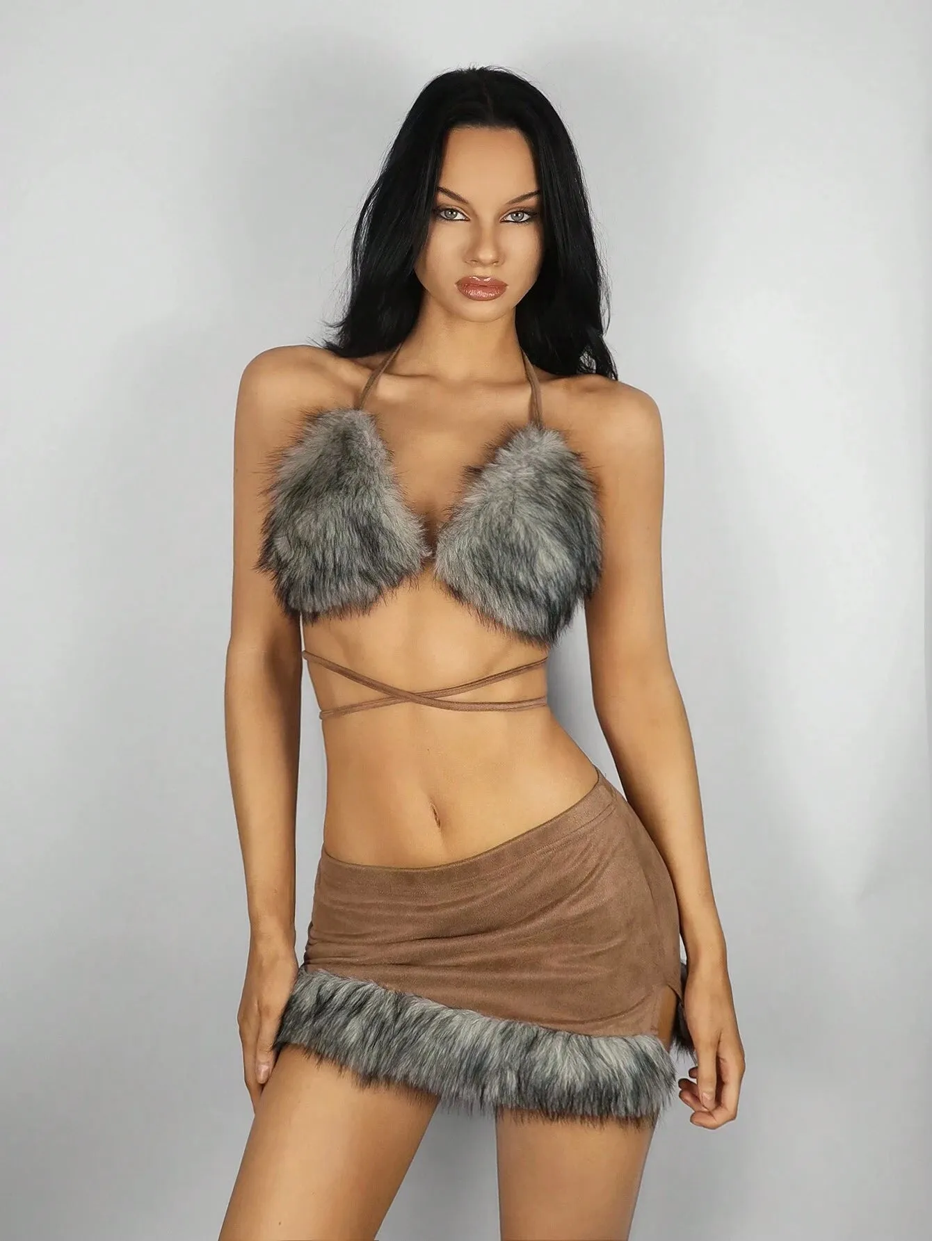 2pcs Faux Fur Patchwork Halterneck Backless Top & Mini Skirt Sexy Outfit