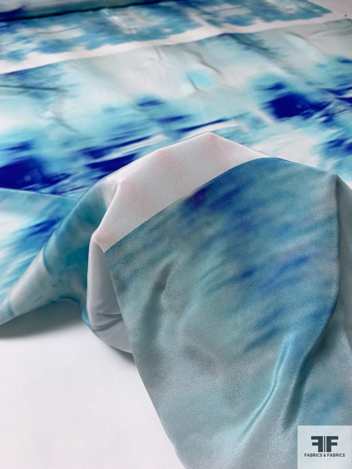 Abstract Hazy Printed Silk Crepe de Chine Panel - Aqua Blue / Blue / White