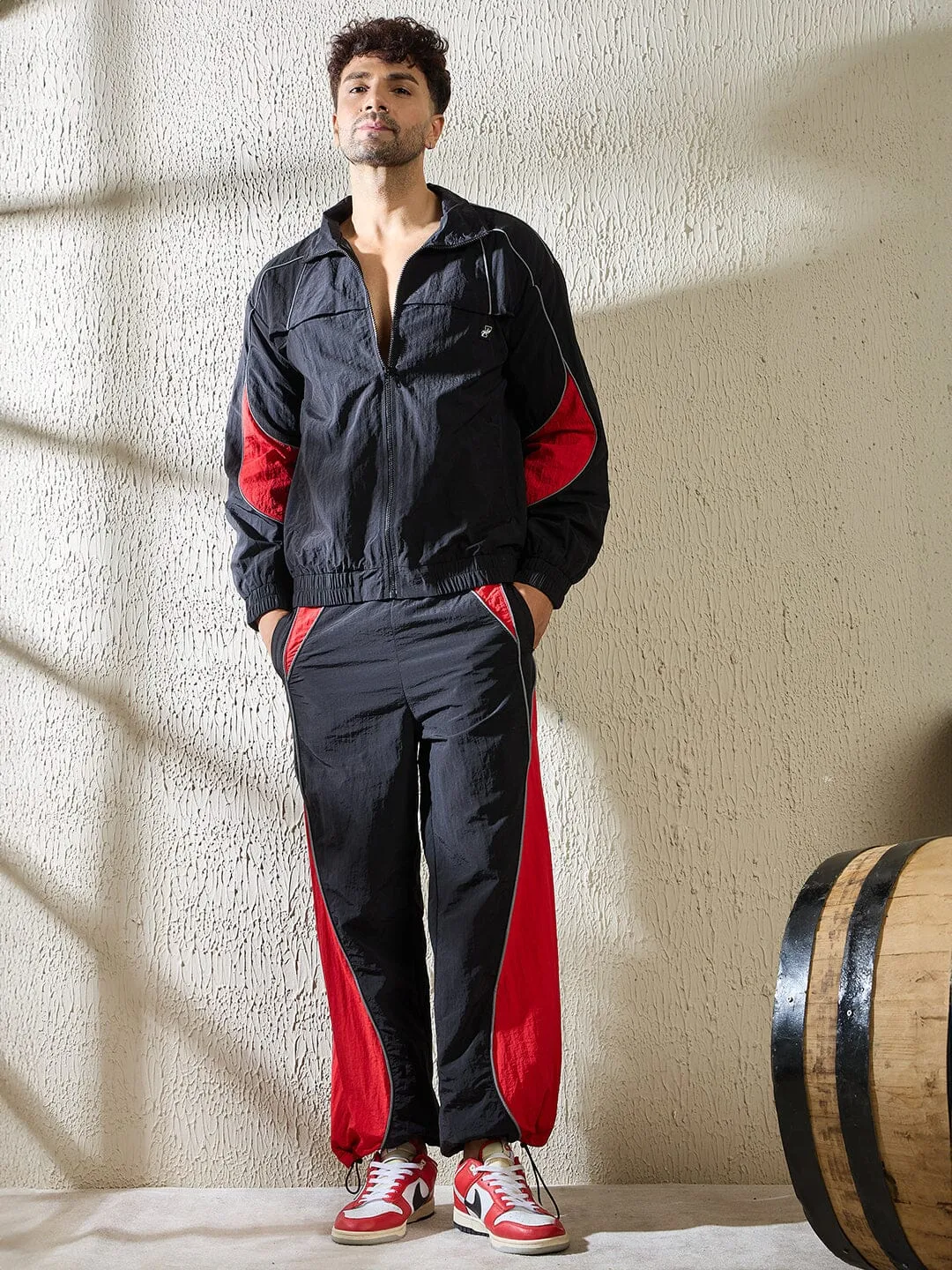 Black and Red Crinkle Cut and Sew Tracksuit