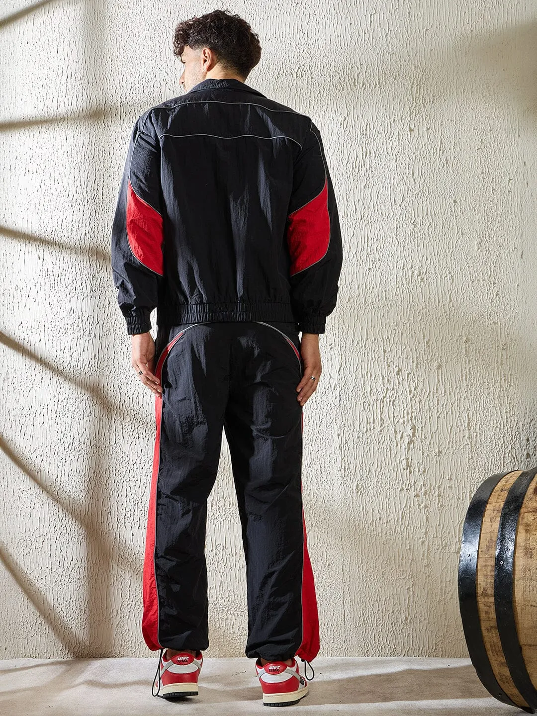 Black and Red Crinkle Cut and Sew Tracksuit