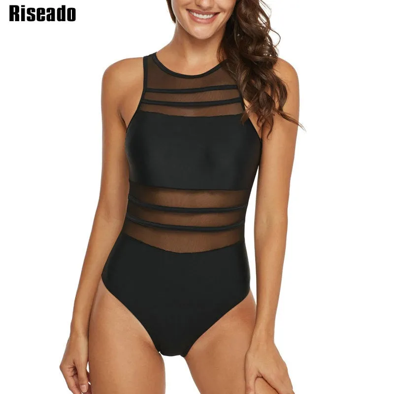 Black Mesh One Piece Swimsuit Swimwear High Neck Bathing Suit Women Backless Bodysuits Plus Size