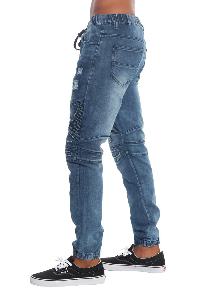 Distressed Biker Denim Jogger Pants