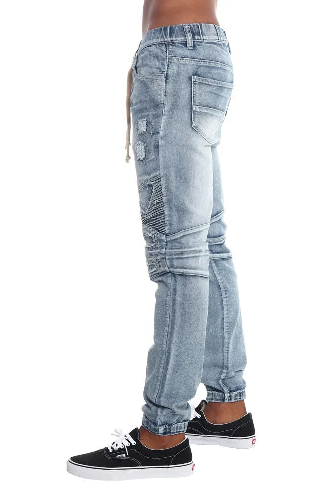 Distressed Biker Denim Jogger Pants