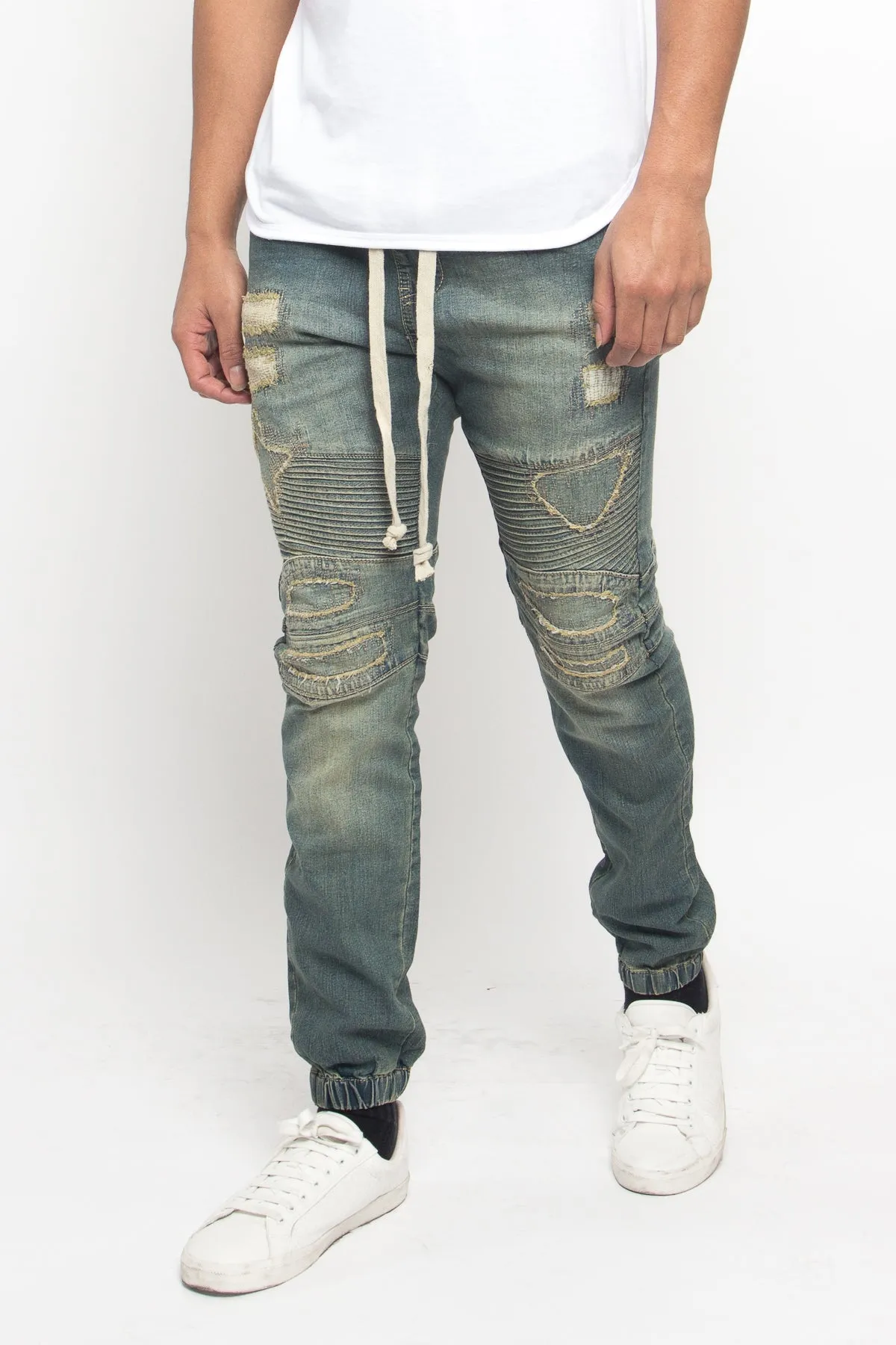 Distressed Biker Denim Jogger Pants