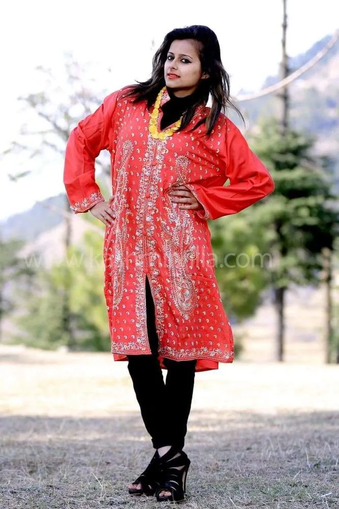 Elegant Salmon Pink Aari Work Amazingly Designed Kashmiri Kurti