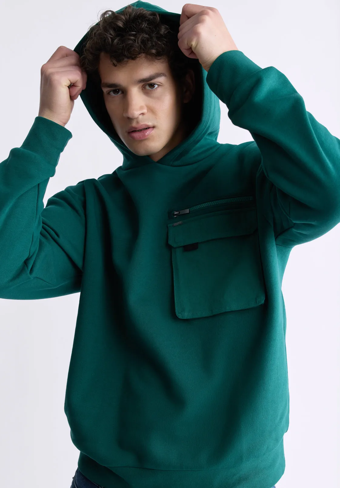 Fabio Men's Hooded Sweatshirt with Chest Pocket, Forest Green - BM24393