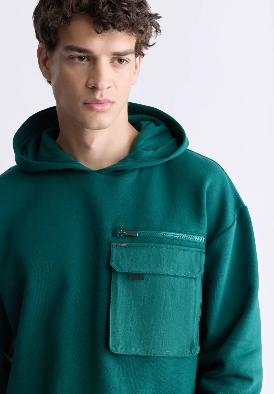 Fabio Men's Hooded Sweatshirt with Chest Pocket, Forest Green - BM24393