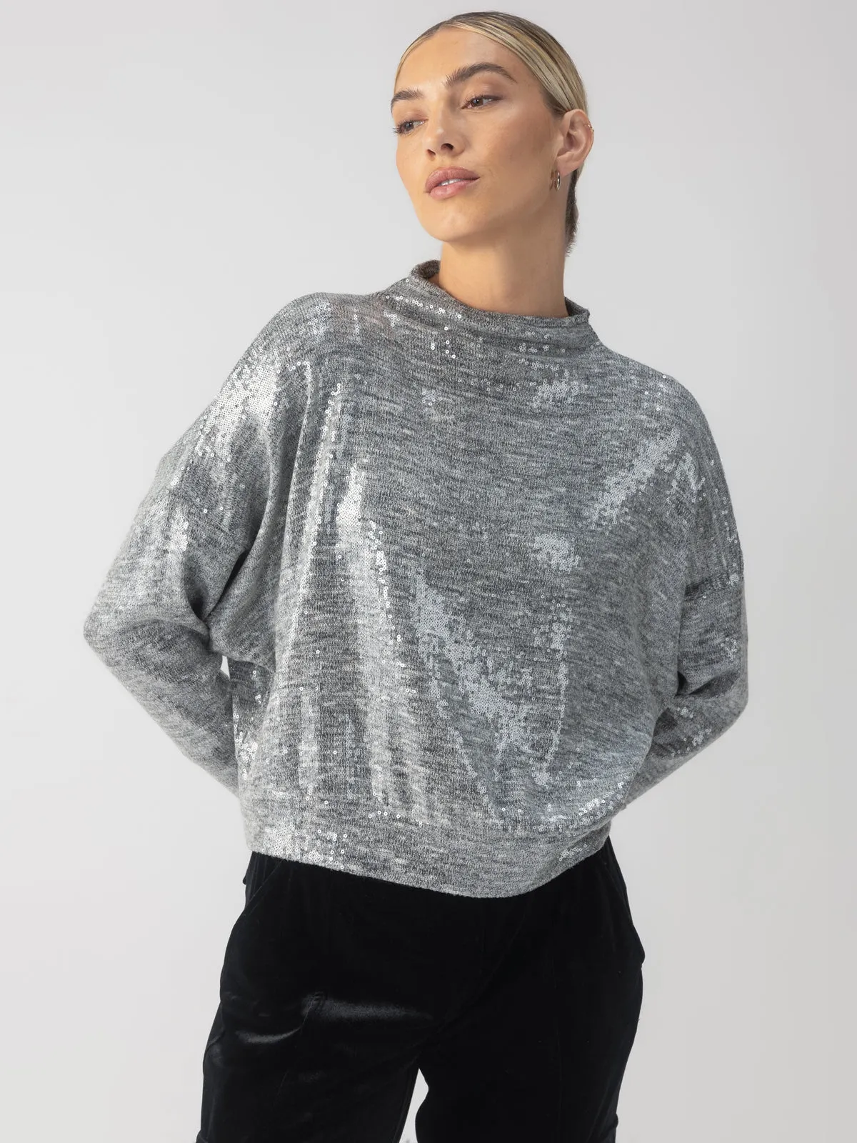 Sequin Funnel Neck Top Heather Grey Sequin