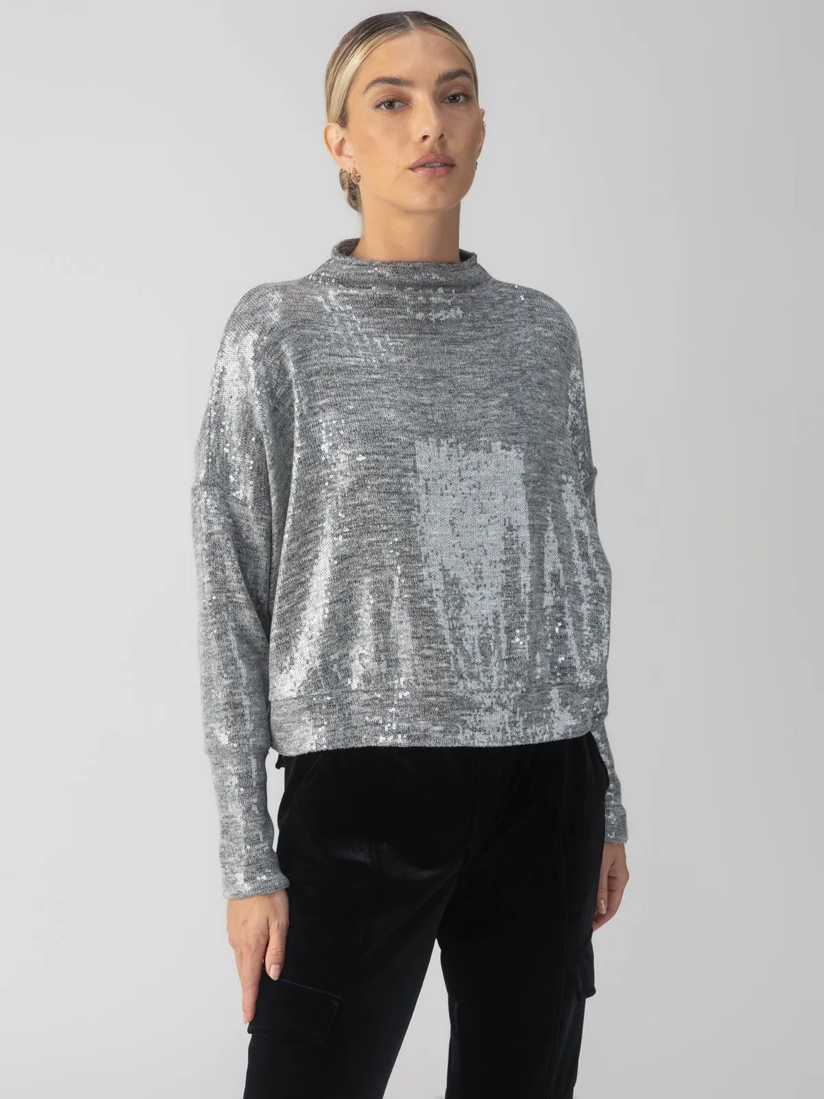 Sequin Funnel Neck Top Heather Grey Sequin