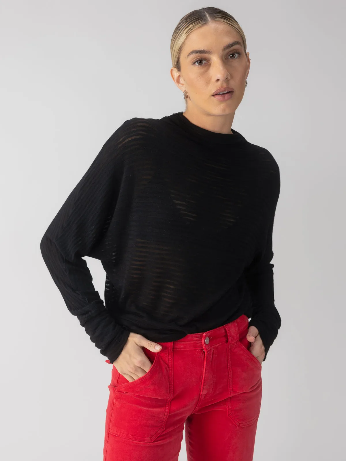 Sheer Stripe Funnel Neck Top Black