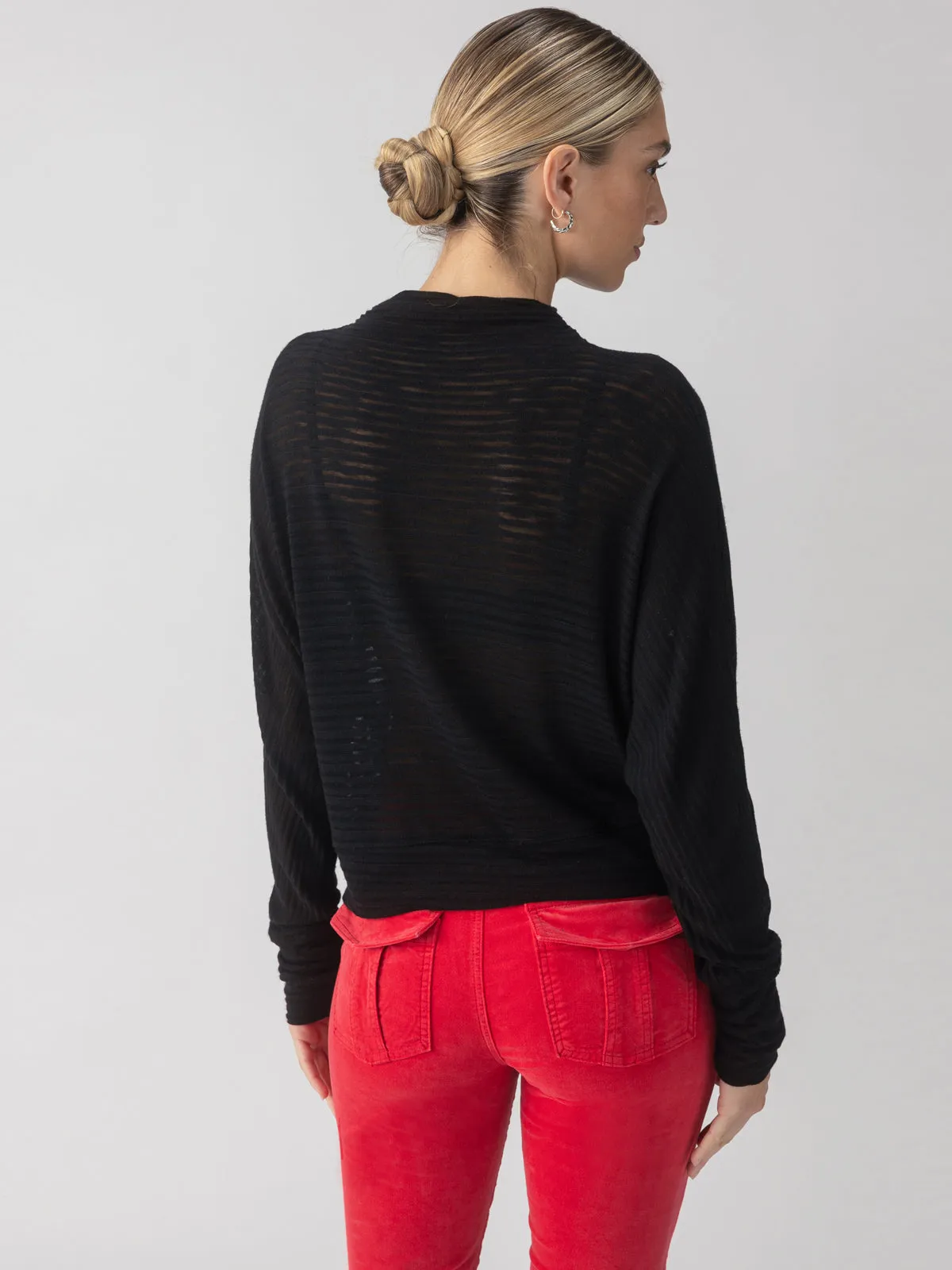 Sheer Stripe Funnel Neck Top Black